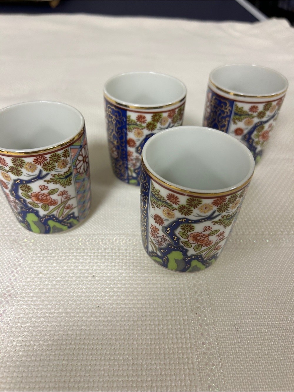 Porcelain Floral Kutani-Style Sake Cups - Blue and Gold (Set of 4) image 2